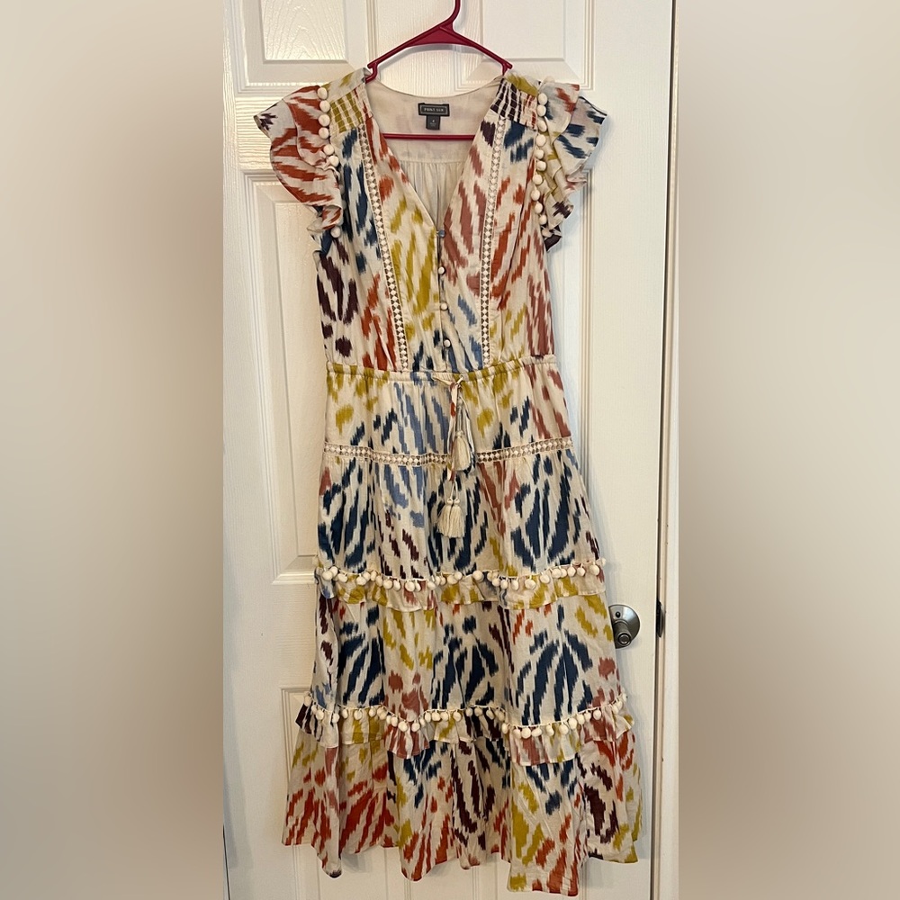 J Crew X Point Sur Ruffle Midi Dress Cotton Pom Pom Flutter Sleeve Size 4